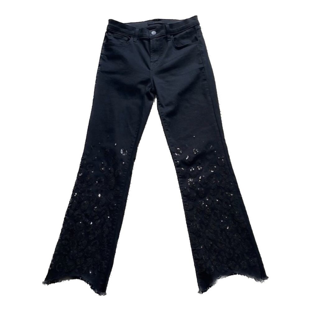 J Brand Selena Crop Flare Pants Sequin Animal Print Stretch Women’s 26 Black